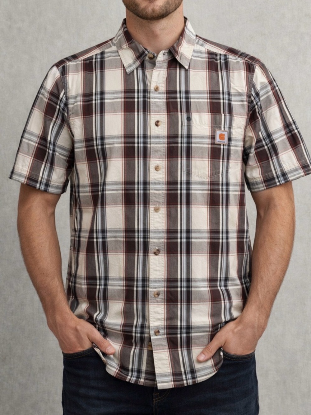 Carhartt Men’s Short-Sleeve Plaid Button-Down Shirt in Cream and Brown